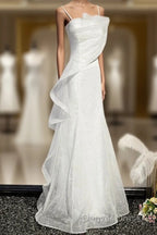 Sparkling White Sleeveless Off Shoulder Ball Dress With White Thin Shoulder Straps Backless Straps And Floor Length Ruffled Edge For Prom Dressesing
