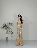 Sparkling Yellow Mermaid Deep V Halter Neck Slit Sequined Long Prom Dresses Evening Dresses