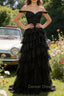 Sparkly A Line Black Off The Shoulder Corset Sequin Tiered Prom Dress with Slit