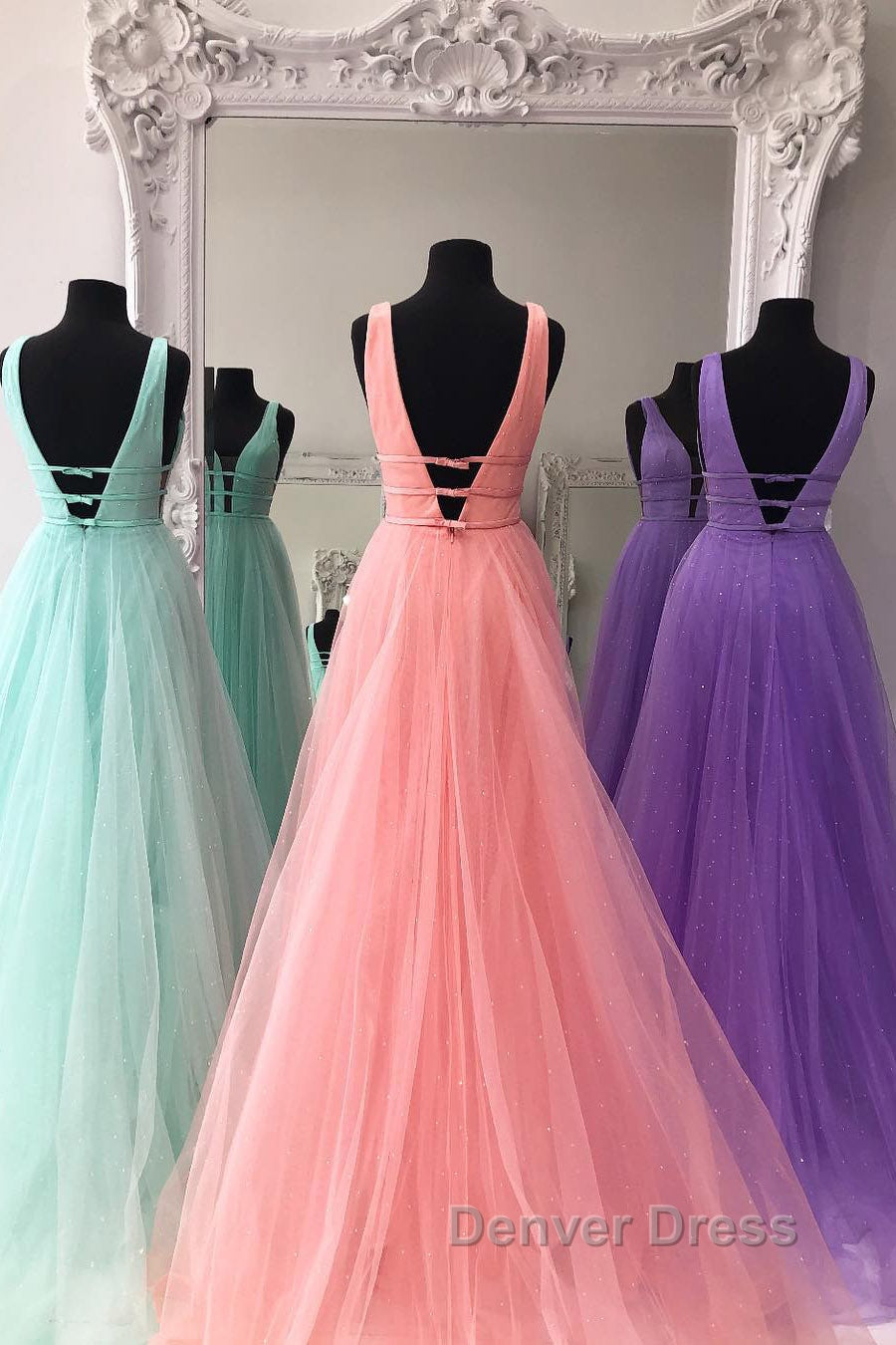Sparkly A Line V Neck and V Back Prom Dress with Thin Belt, Prom Graduation Prom Dresses Secondary image