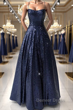 Sparkly Backless Navy Blue Long Prom Dress, Open Back Long Navy Blue Prom Dresses
