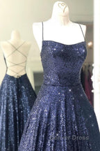 Sparkly Backless Navy Blue Long Prom Dress, Open Back Long Navy Blue Prom Dresses