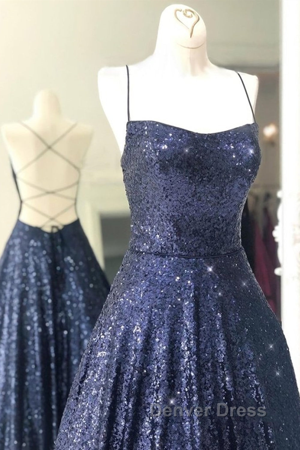 Sparkly Backless Navy Blue Long Prom Dress, Open Back Long Navy Blue Prom Dresses