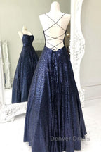 Sparkly Backless Navy Blue Long Prom Dress, Open Back Long Navy Blue Prom Dresses
