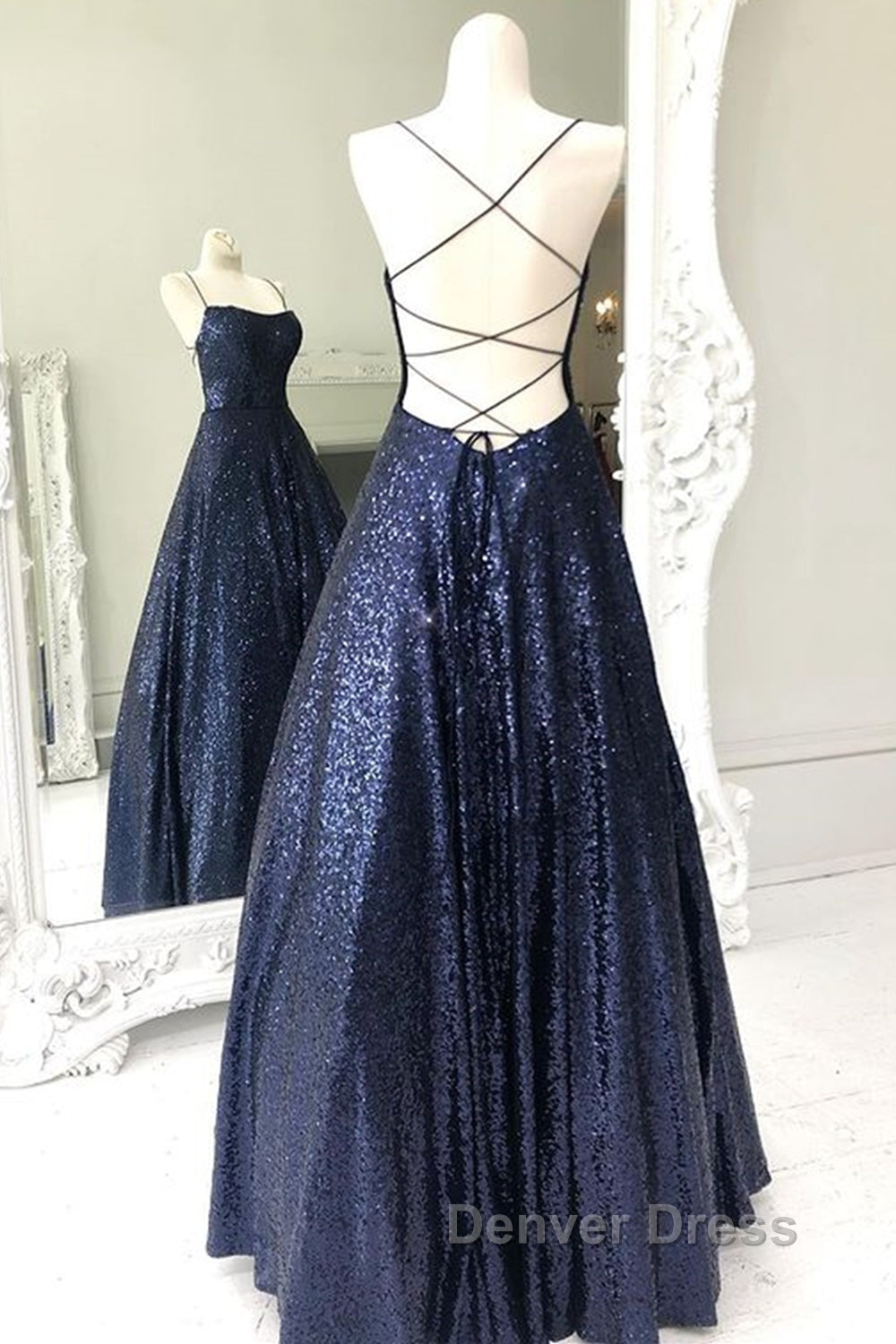Sparkly Backless Navy Blue Long Prom Dress, Open Back Long Navy Blue Prom Dresses