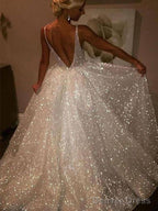 Sparkly Backless V-Neck A-Line Long Prom Dress,