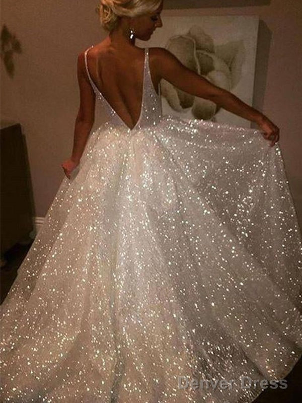Sparkly Backless V-Neck A-Line Long Prom Dress,