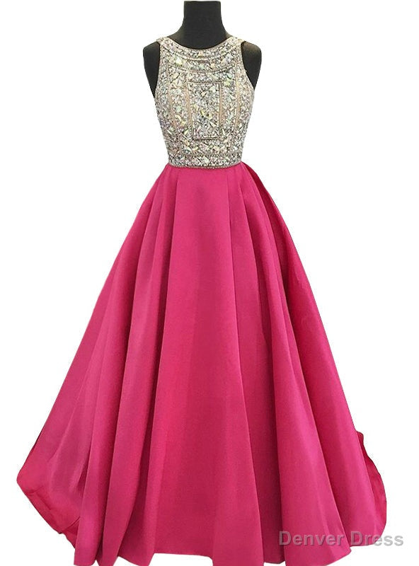 Sparkly Beaded Crystals Hot Pink Satin Backless Prom Dresses