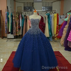 Sparkly Beaded Strapless Navy Blue Ball Gown Prom Dresses