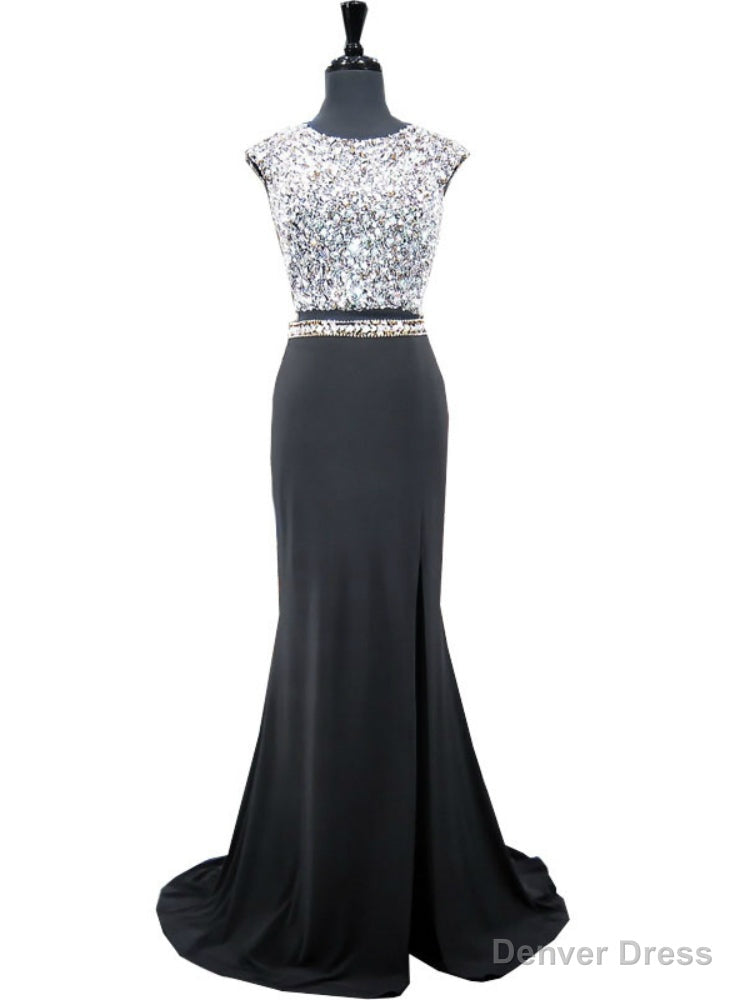 Sparkly Beaded Top Scoop Neckline Sleeveless Crystals Prom Dresses