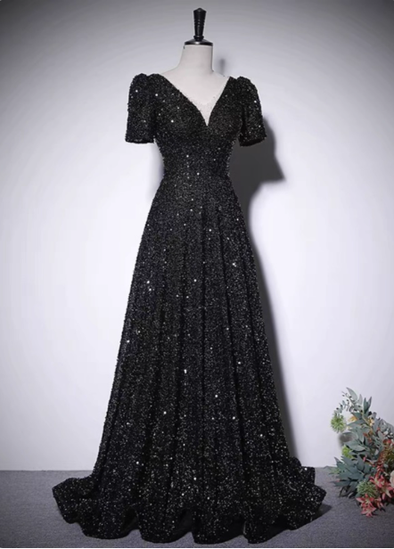 Sparkly Black A-Line V-Neck Short Sleeve Sequin Long Prom Dresses Evening Dresses