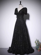 Sparkly Black A-Line V-Neck Short Sleeve Sequin Long Prom Dresses Evening Dresses