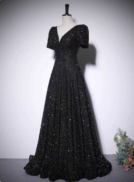Sparkly Black A-Line V-Neck Short Sleeve Sequin Long Prom Dresses Evening Dresses