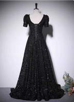 Sparkly Black A-Line V-Neck Short Sleeve Sequin Long Prom Dresses Evening Dresses