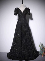 Sparkly Black A-Line V-Neck Short Sleeve Sequin Long Prom Dresses Evening Dresses