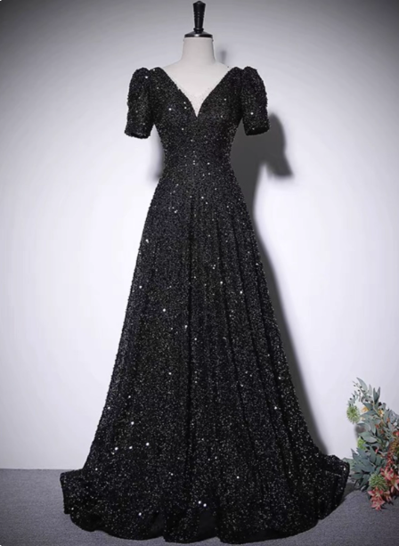 Sparkly Black A-Line V-Neck Short Sleeve Sequin Long Prom Dresses Evening Dresses
