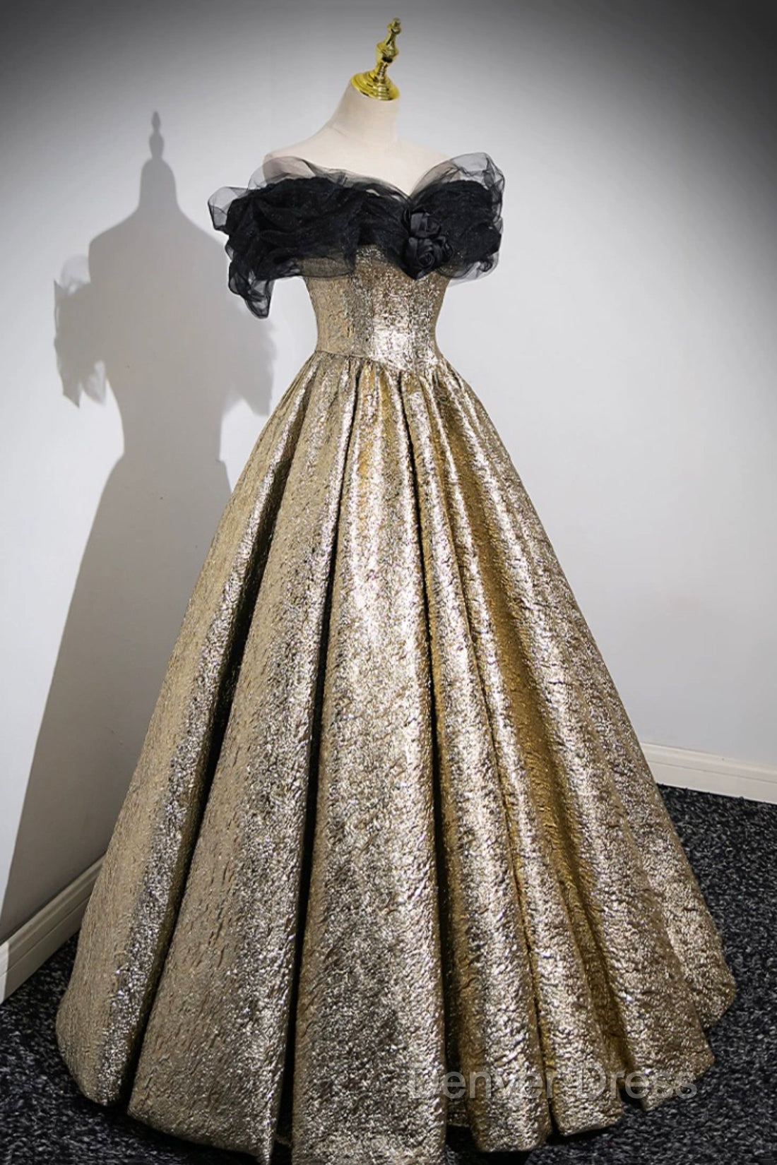 Sparkly Black And Gold Glitter Prom Dresses Ball Gown, Off The Shoulder Evening Party Dresses