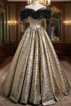 Sparkly Black And Gold Glitter Prom Dresses Ball Gown, Off The Shoulder Evening Party Dresses