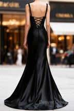 Sparkly Black Floral Spaghetti Straps Mermaid Long Prom Dresses with Slit