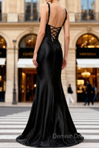 Sparkly Black Floral Spaghetti Straps Mermaid Long Prom Dresses with Slit