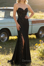 Sparkly Black Mermaid Strapless Corset Appliques Long Prom Dresses with Slit