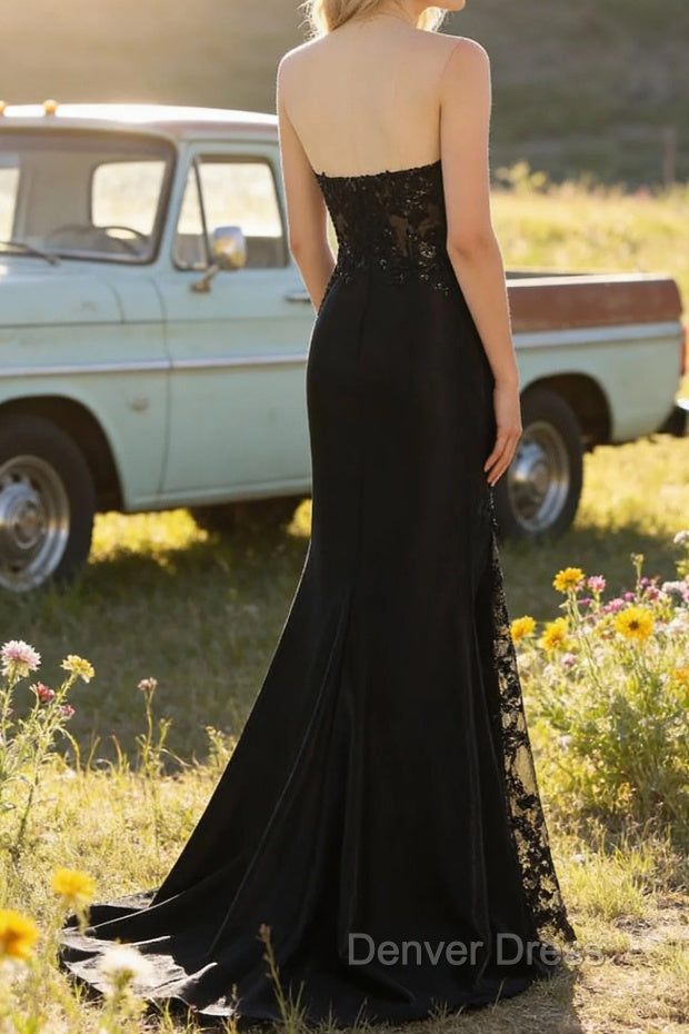 Sparkly Black Mermaid Strapless Corset Appliques Long Prom Dresses with Slit