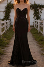 Sparkly Black Mermaid Strapless Corset Appliques Long Prom Dresses with Slit