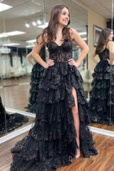 sparkly black off the shoulder tiered corset prom dress