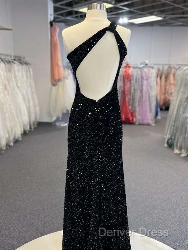 Sparkly Black One Shoulder Side Slit Prom Dresses, Secondary image