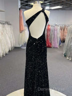 Sparkly Black One Shoulder Side Slit Prom Dresses,