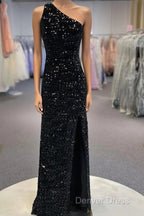 Sparkly Black One Shoulder Side Slit Prom Dresses,