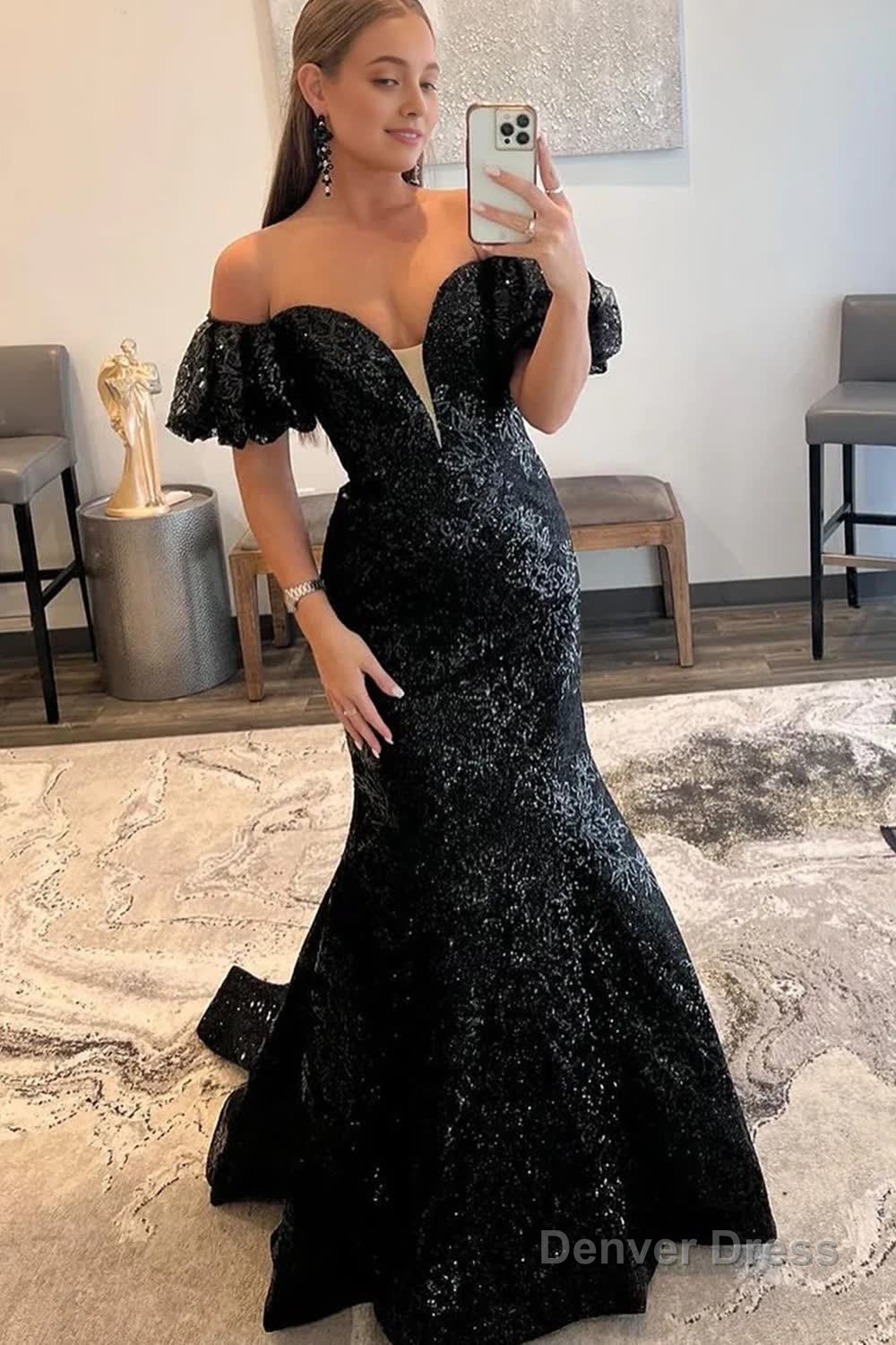 Sparkly Black Sequin Off the Shoulder Long Prom Dress Main image