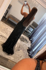 sparkly black sequins waist cut out prom dress with slit