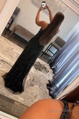 sparkly black sequins waist cut out prom dress with slit