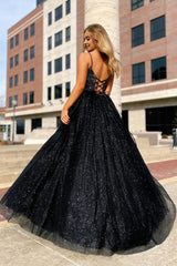 sparkly black spaghetti straps a line prom dress