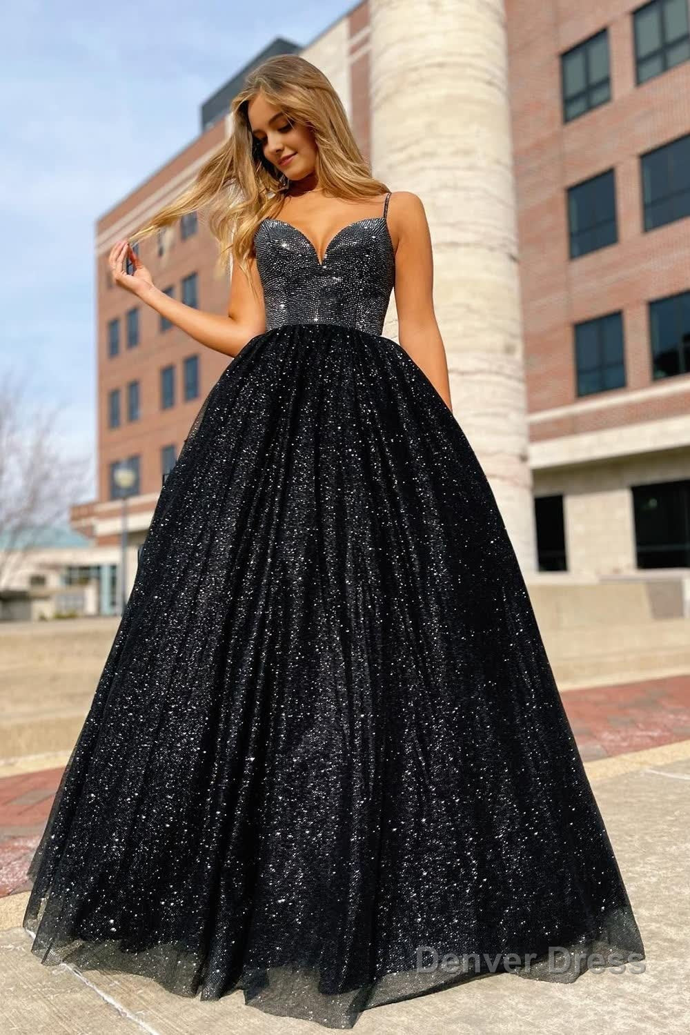 sparkly black spaghetti straps a line prom dress