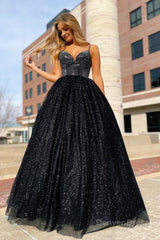 sparkly black spaghetti straps a line prom dress