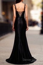 Sparkly Black Spaghetti Straps Mermaid Long Prom Dresses with Slit
