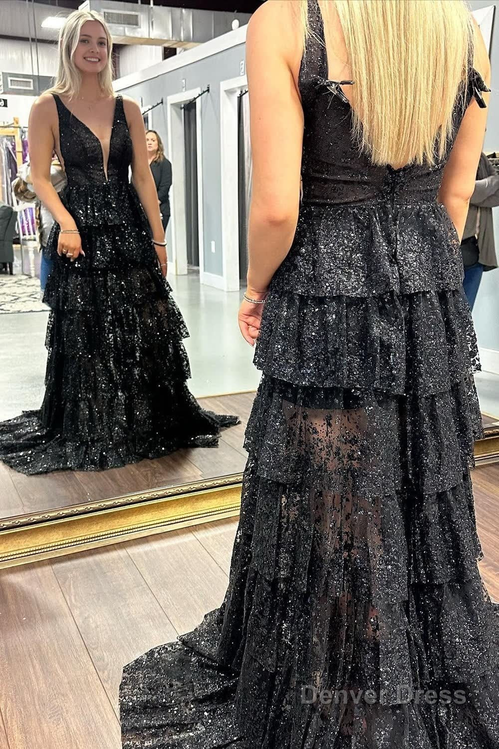 Sparkly Black Tiered Long Prom Dress with Slit Secondary image