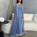 Sparkly Blue Prom Dress Cape Long Mermaid Prom Dress Prom Dress Wedding Dresses