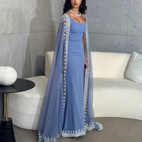 Sparkly Blue Prom Dress Cape Long Mermaid Prom Dress Prom Dress Wedding Dresses