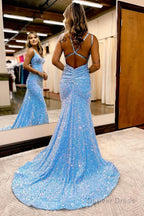 Sparkly Blue Mermaid Sequins Long Backless Prom Dresses