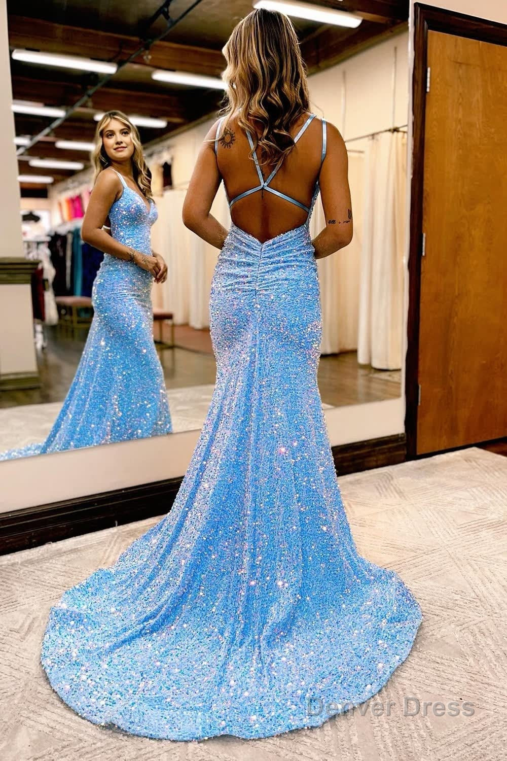 Sparkly Blue Mermaid Sequins Long Backless Prom Dresses