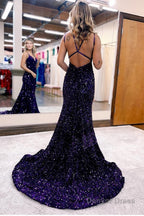Sparkly Blue Mermaid Sequins Long Backless Prom Dress