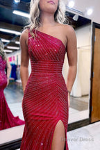 Sparkly Burgundy Beaded One Shoulder Long Prom Dress with Slit Prom Dresses