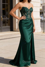 Sparkly Corset Strapless Dark Green Mermaid Long Prom Dresses
