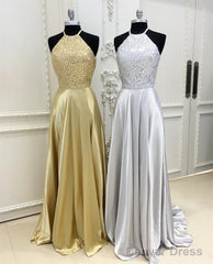 Sparkly Crystal Beaded Halter Long Satin Open Back Prom Dresses
