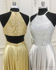 Sparkly Crystal Beaded Halter Long Satin Open Back Prom Dresses