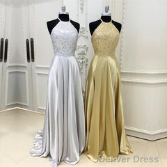 Sparkly Crystal Beaded Halter Long Satin Open Back Prom Dresses