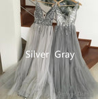 Sparkly Crystal Beaded V Neck Tulle Split Prom Dresses